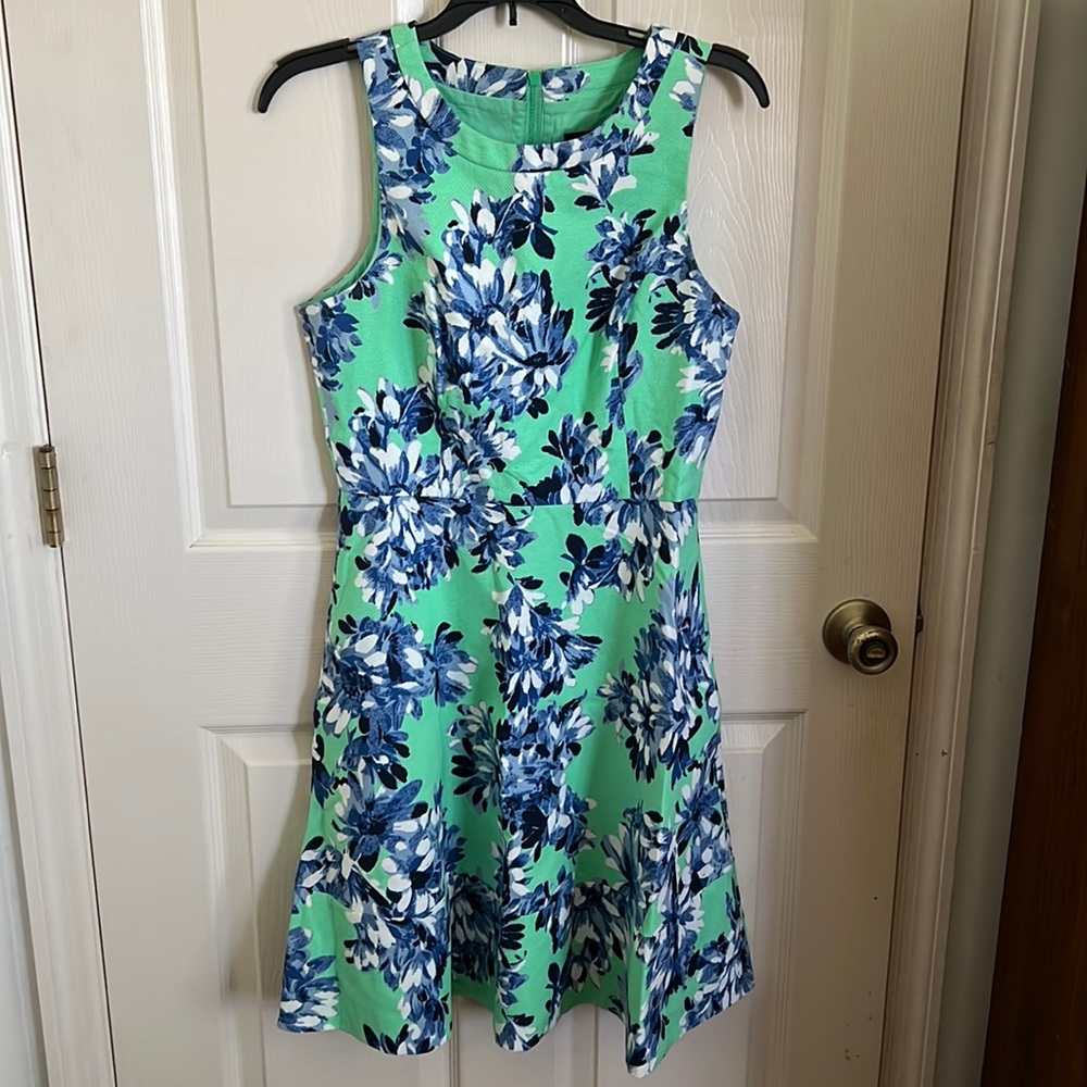 J.Crew Photo Floral Dress - Green Blue Floral Print Jacquard Fit & Flare Style